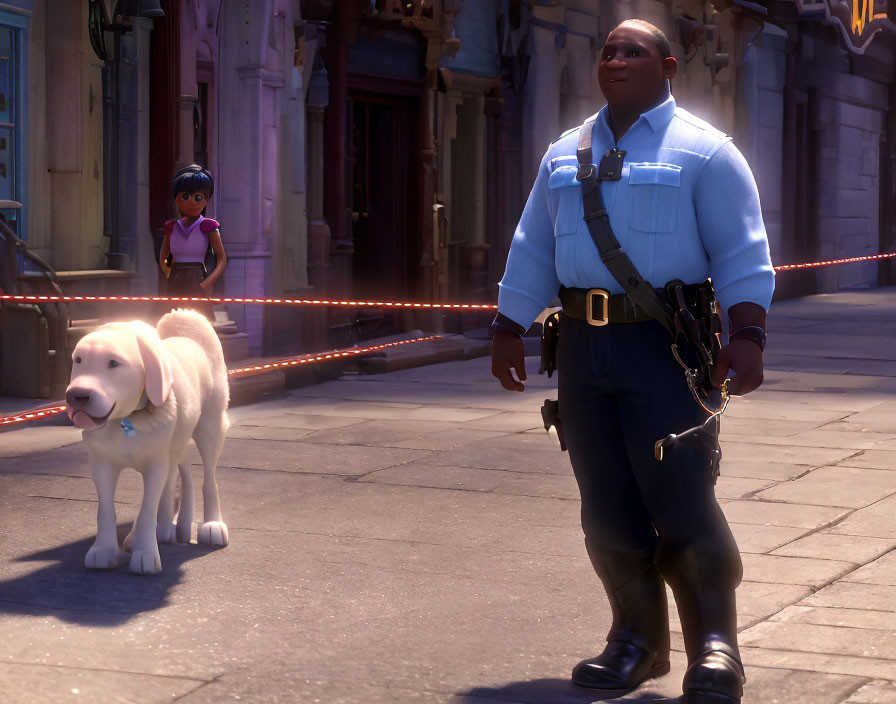 Animated police officer with white dog on city street, observed by young girl