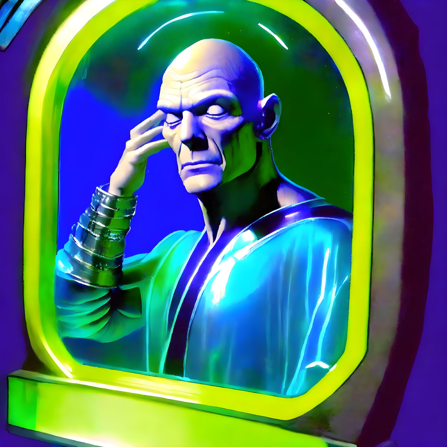 Realistic bald male statue in blue attire with silver armband, set in green glowing oval