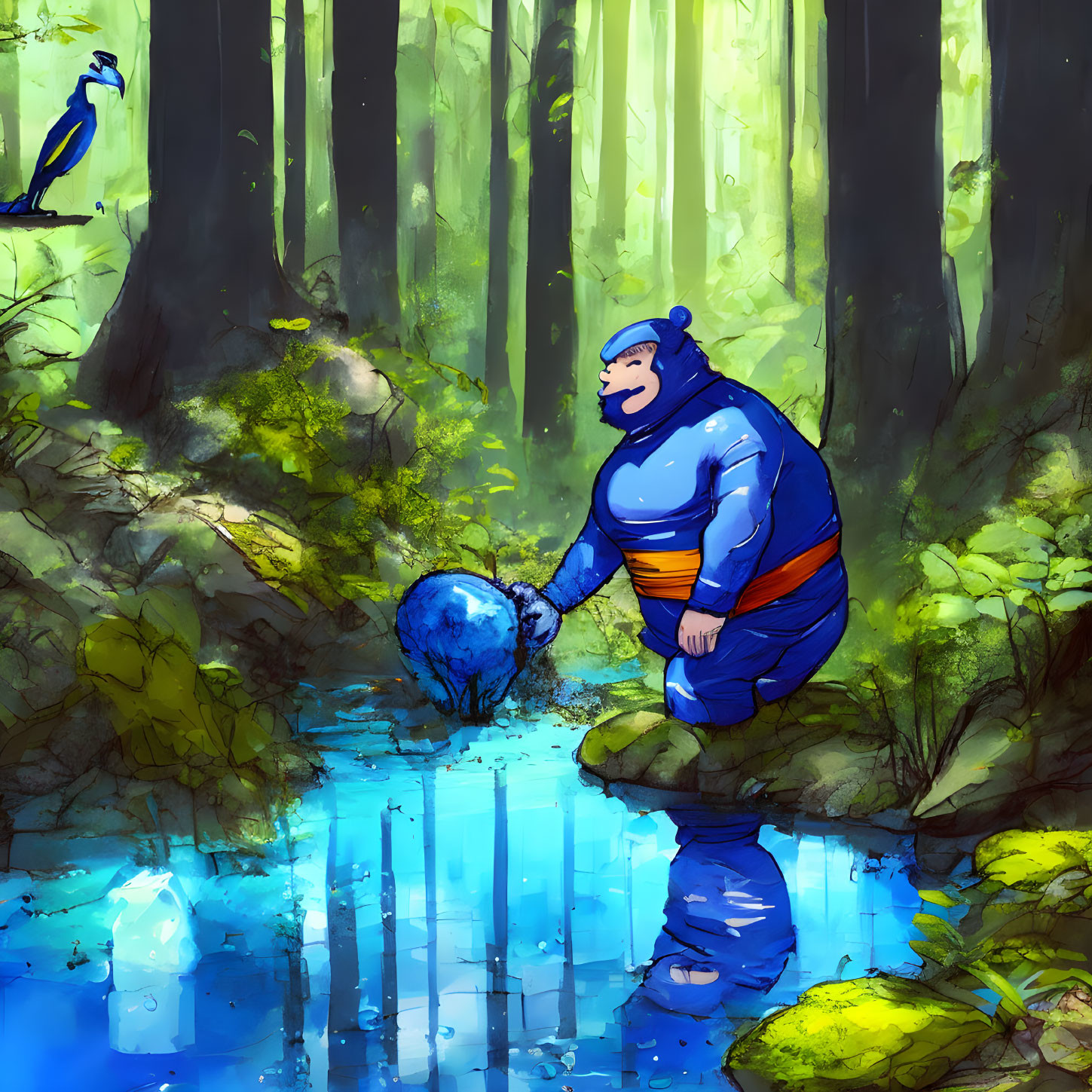 Blue and Yellow Outfit Character by Stream in Forest with Bird