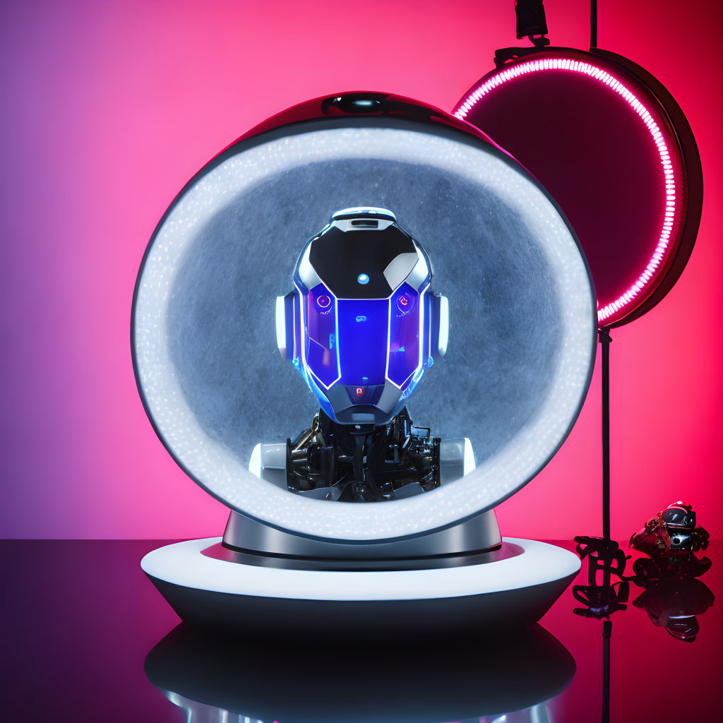 Futuristic robot in glass pod with blue light and neon background.