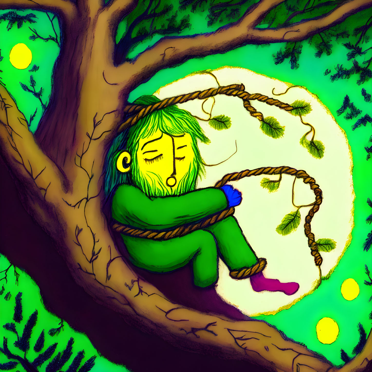 Character with green skin napping on swing in tranquil forest