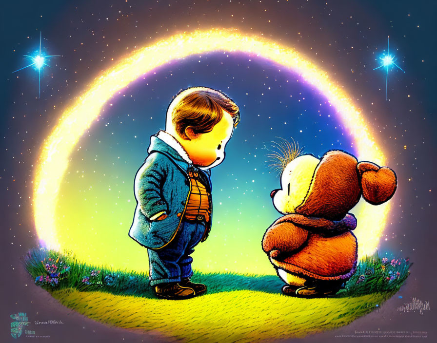 Boy and teddy bear under glowing halo on grass in starry night scene