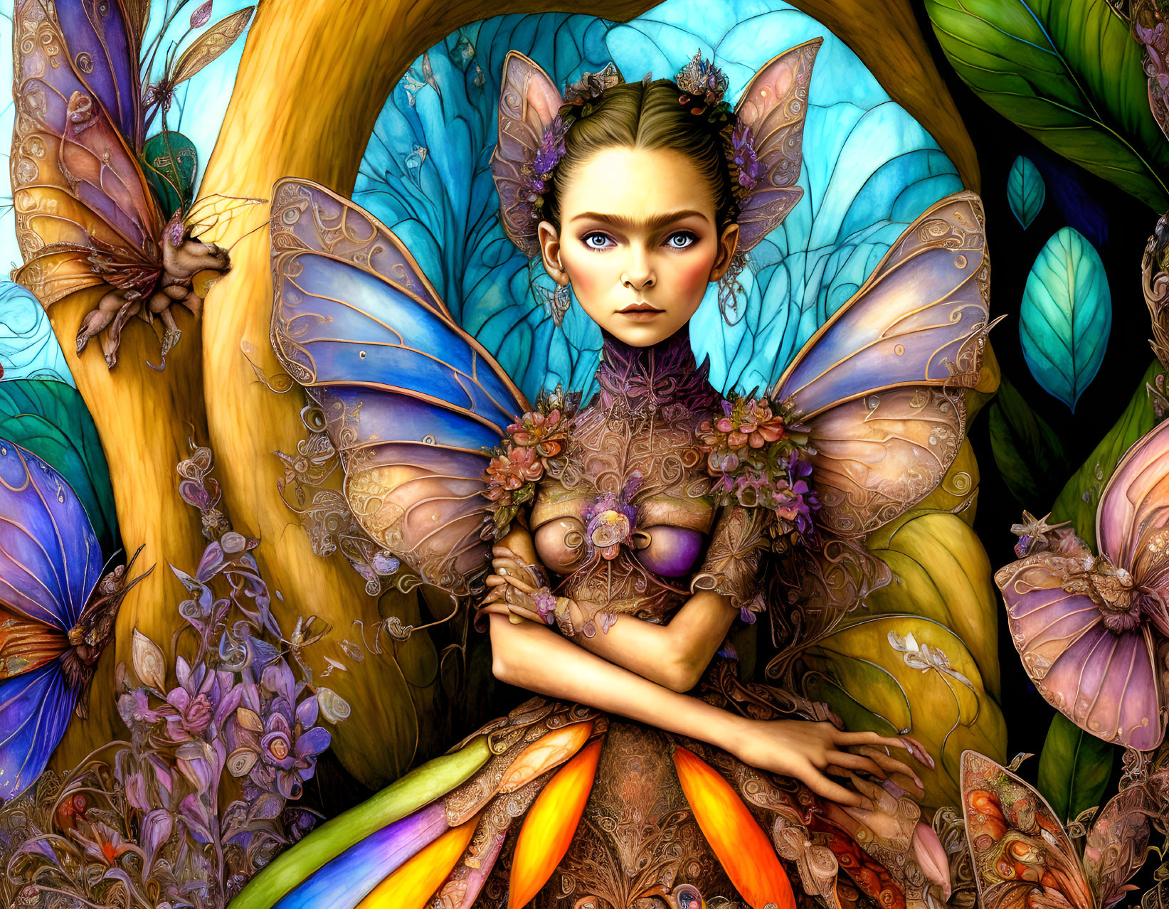 Detailed Fairy Illustration with Vibrant Butterfly Wings in Whimsical Forest