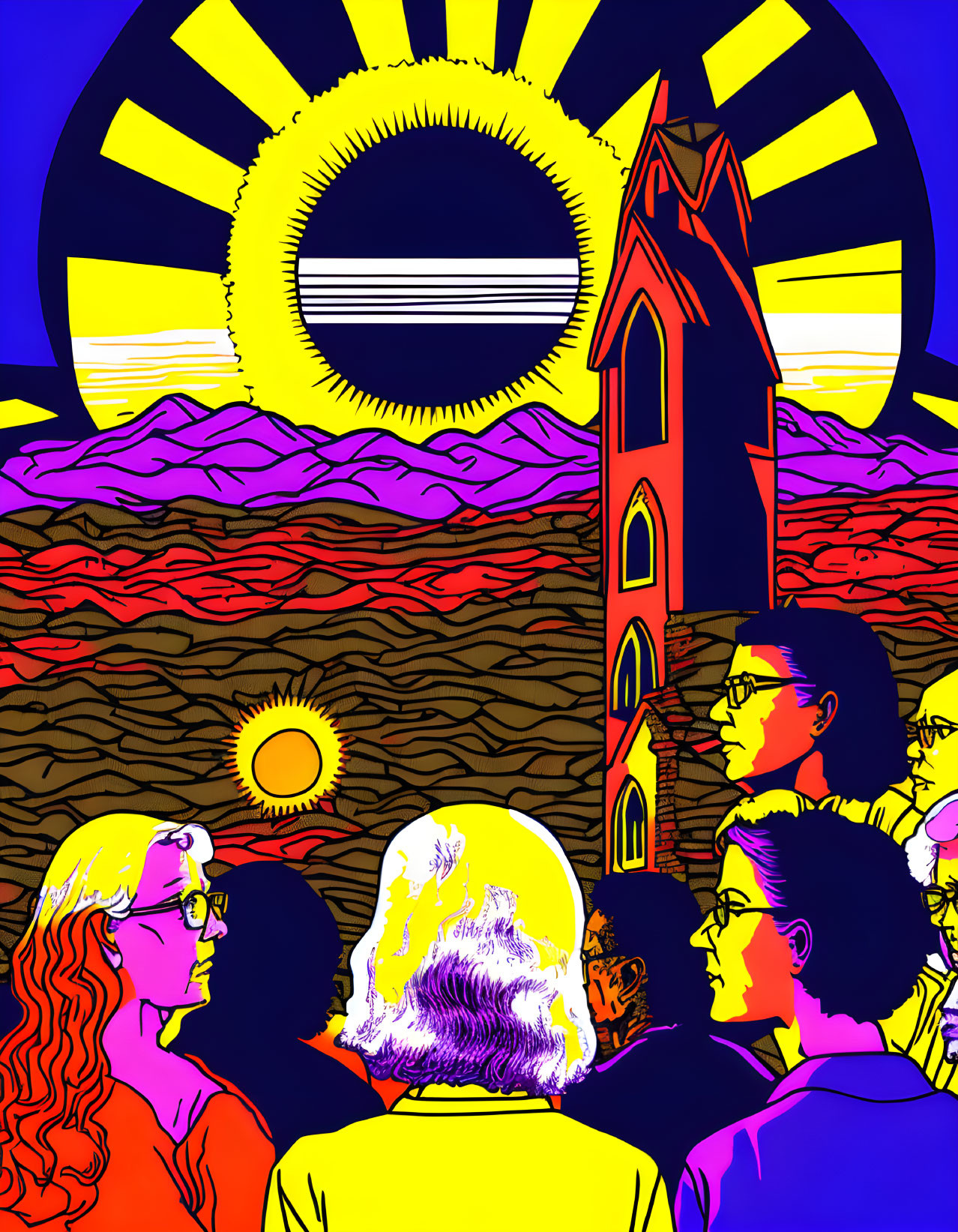 Colorful Psychedelic Art: People, Tower, Sun & Striped Horizon