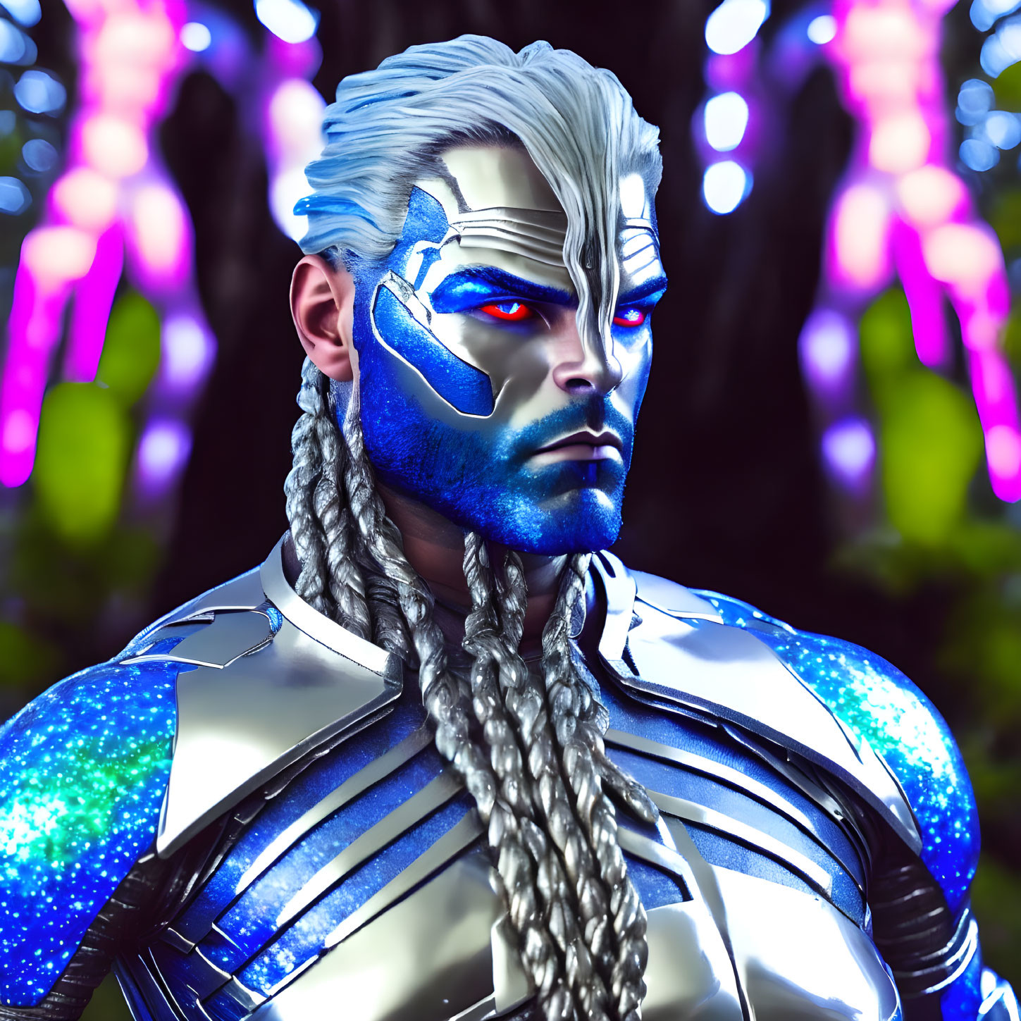 Iridescent Blue Skin, White Braided Hair, Silver Armor in Neon Background