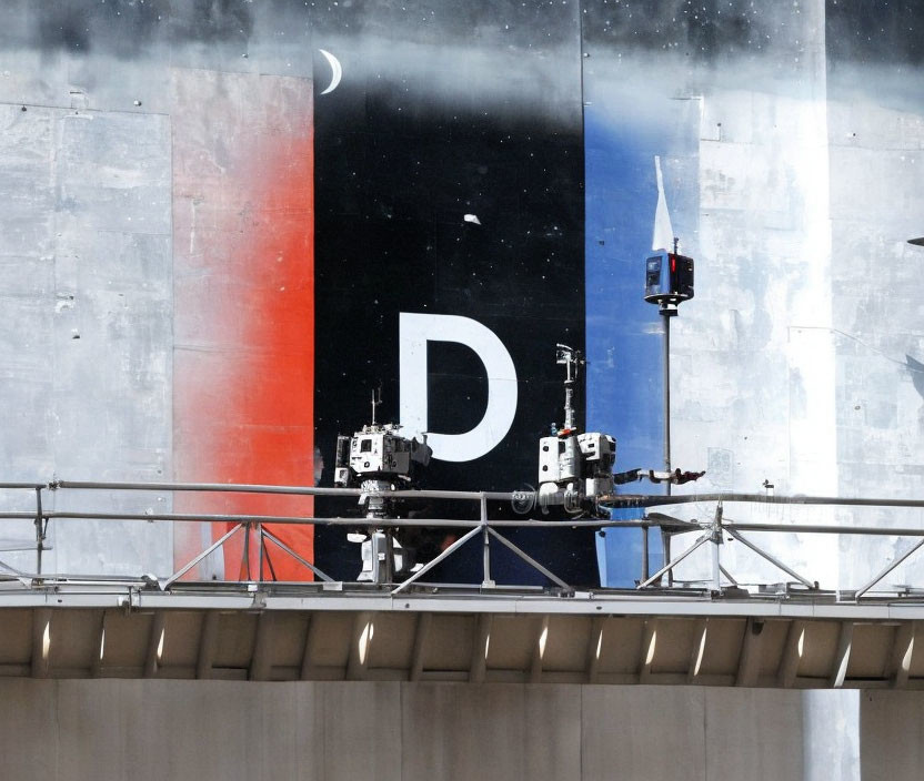 Weathered mural with abstract flag design and bold 'D' letter partially obscured by railing and machinery