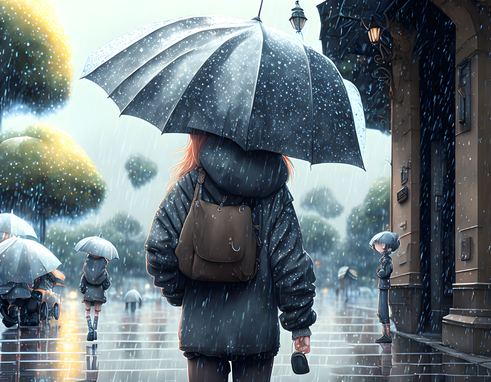 Pedestrian with backpack under blue umbrella in rainy city scene.