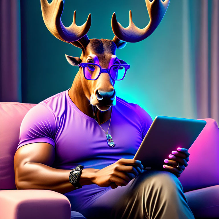 Muscular bull with antlers in glasses, holding tablet on purple couch