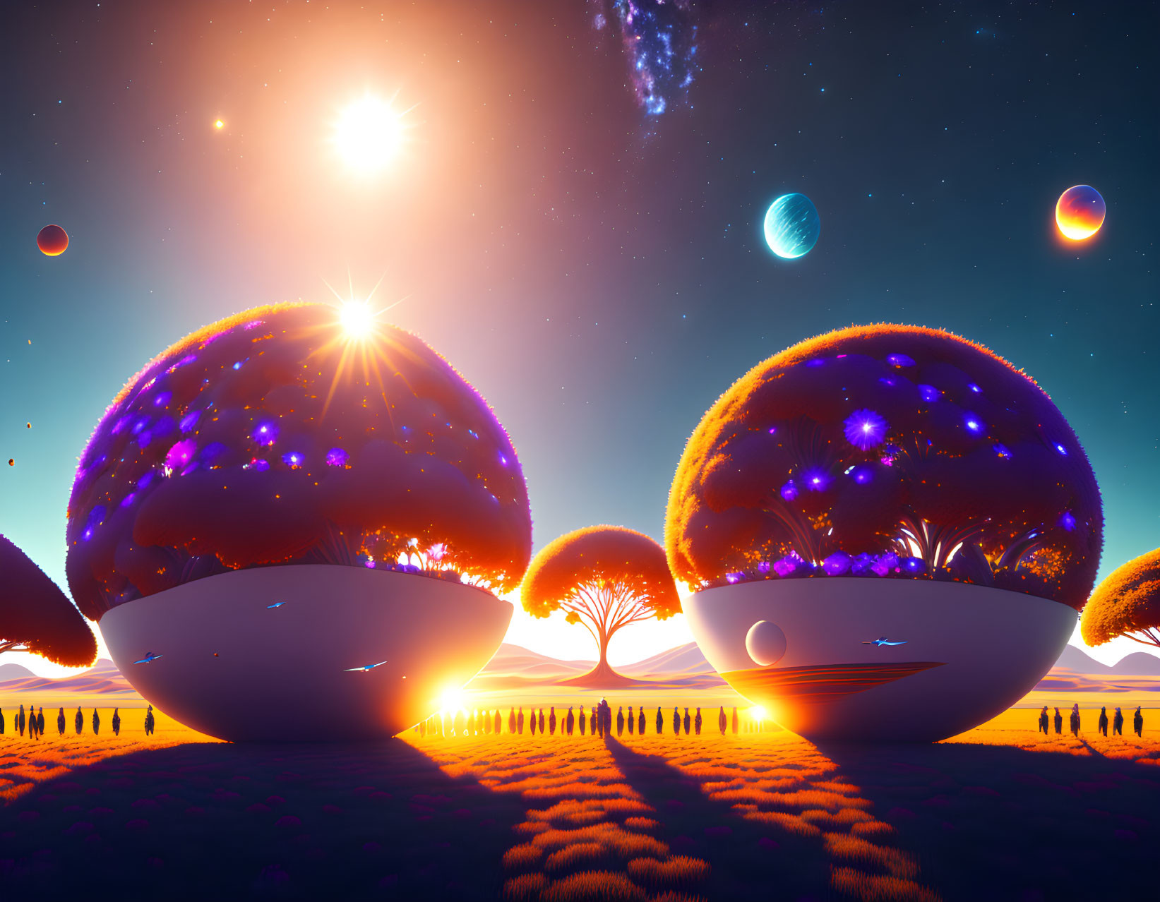 Surreal landscape with glowing orbs and multiple planets under starry sky