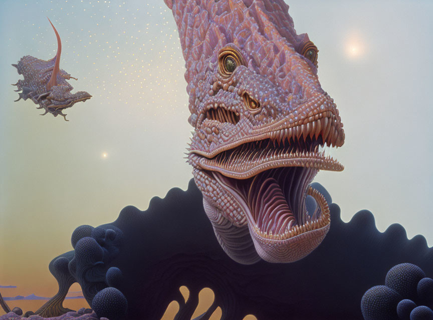 Surrealistic close-up of reptilian creatures with multiple eyes and gaping mouths