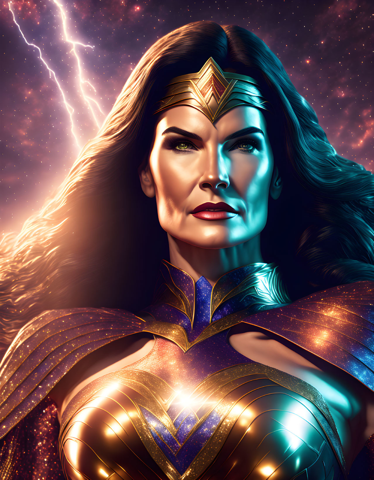 Fierce female superhero in golden armor against cosmic lightning