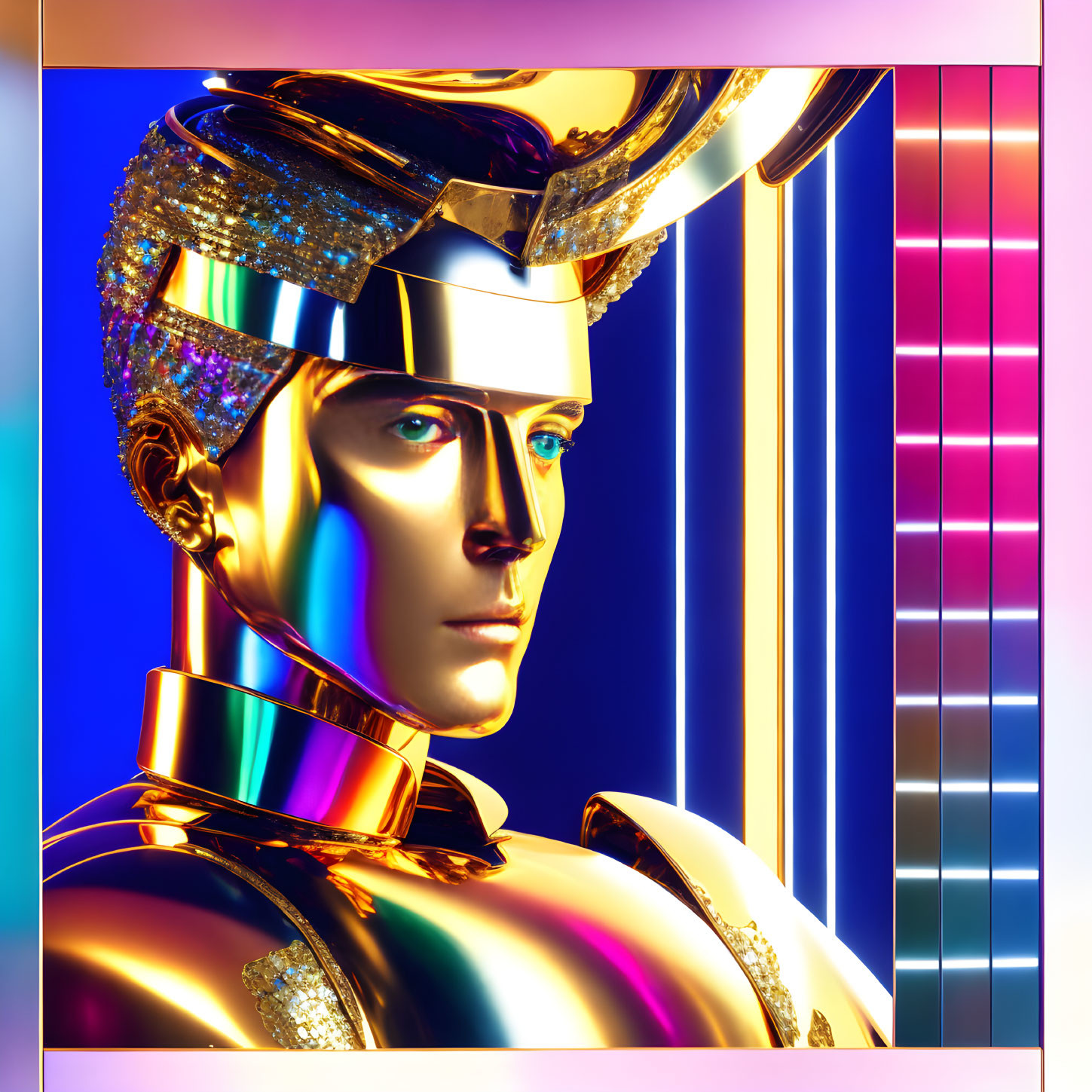 Colorful Digital Artwork of Futuristic Figure with Golden and Metallic Features