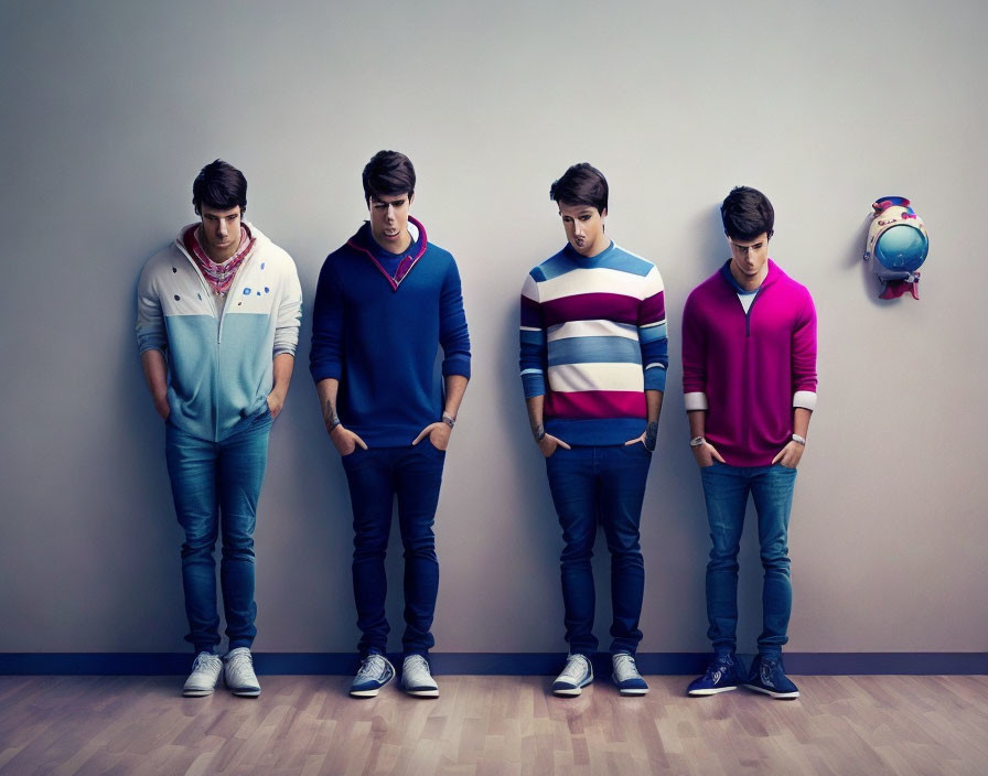 Four Men in Casual Wear Standing with Heads Bowed Down