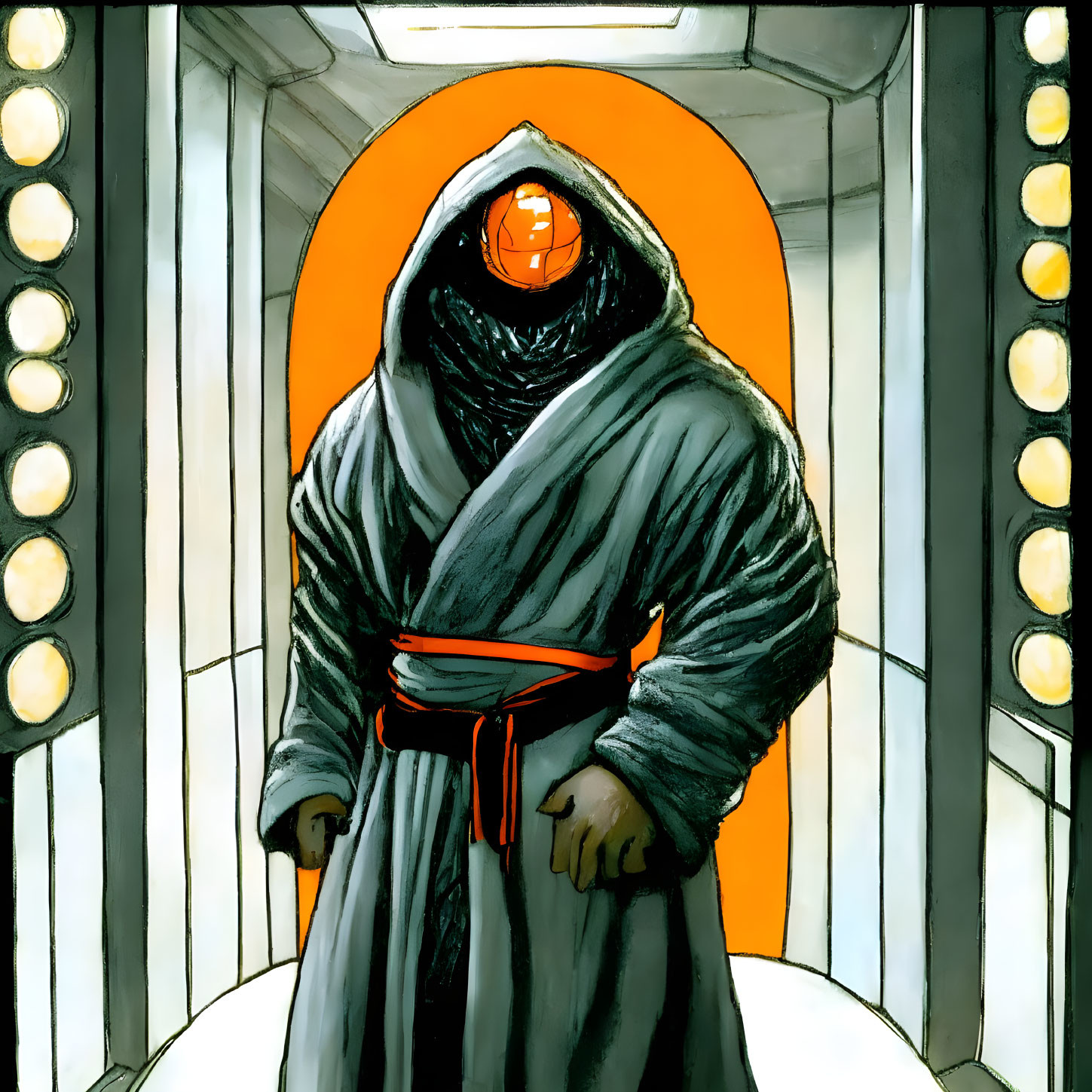 Cloaked figure with glowing orange visor at futuristic doorway