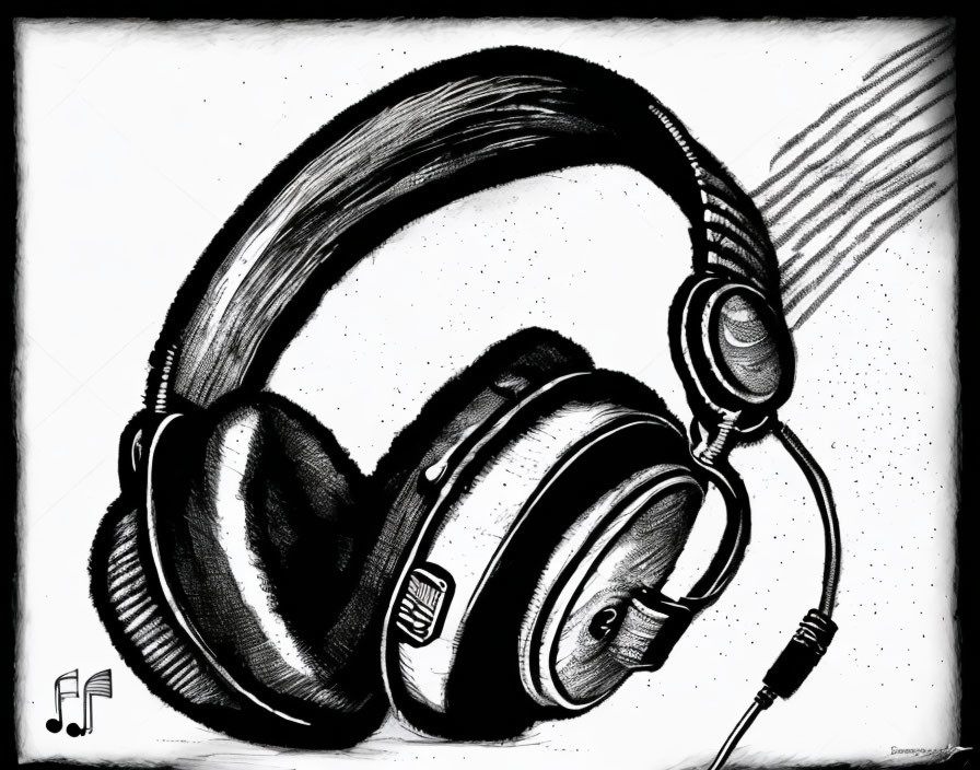 Monochrome sketch of over-ear headphones with cable and musical notes in textured style