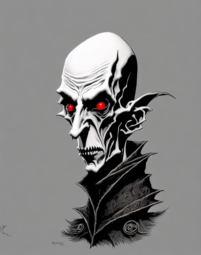 Sinister skeletal figure with red eyes on grey background