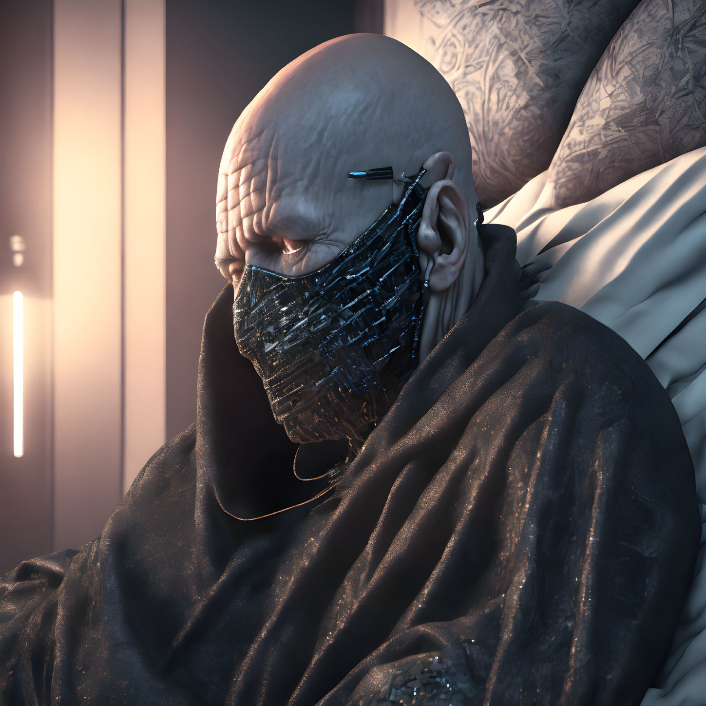 Bald Figure with Intricate Tattoos in High-Tech Mask and Earpiece Sitting by Window