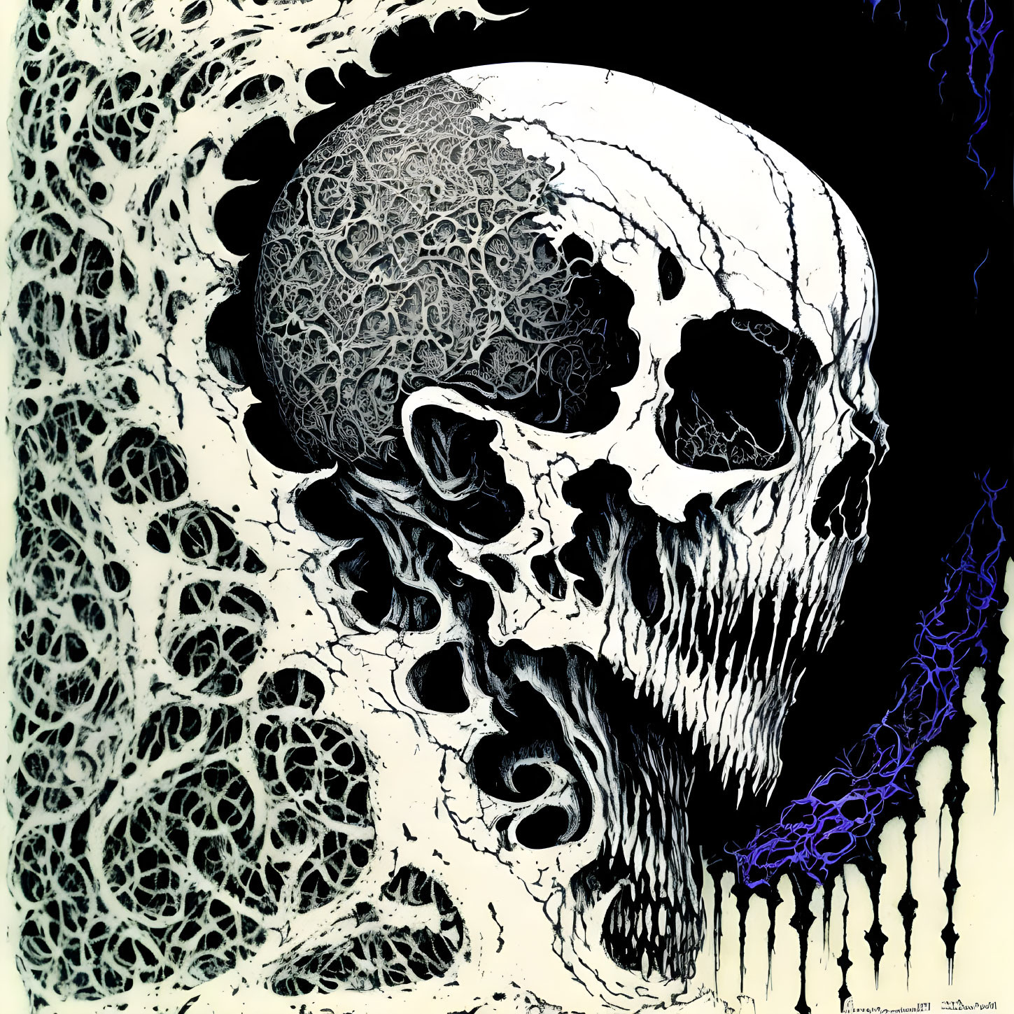 Intricate human skull artwork with abstract patterns and lightning accents