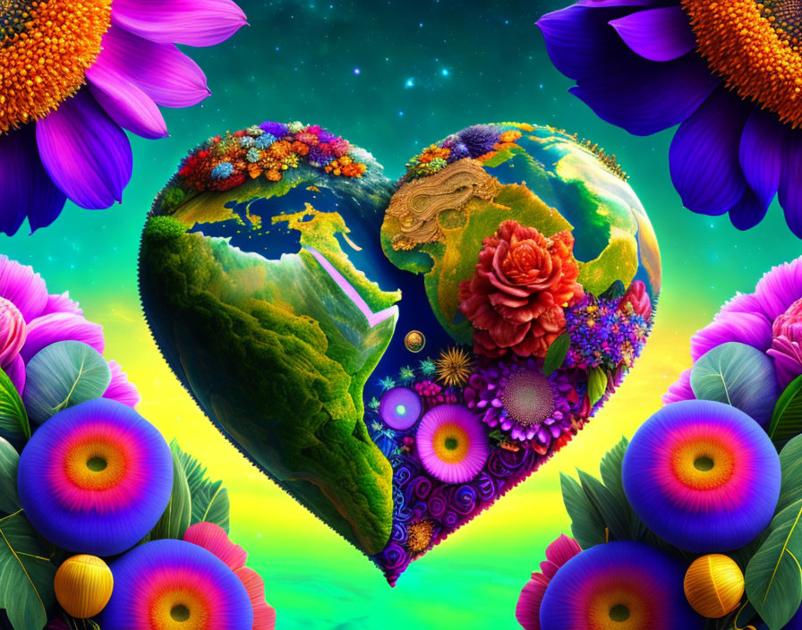 Colorful Earth Heart Illustration Surrounded by Flowers