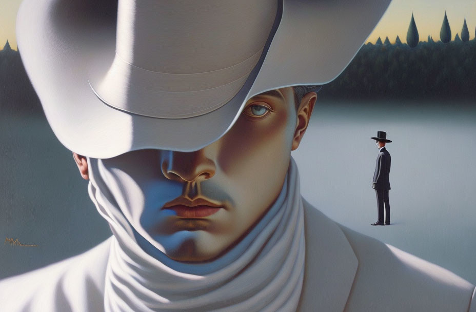 Surrealist painting featuring oversized chef's hat and face beside a small man by lakeside