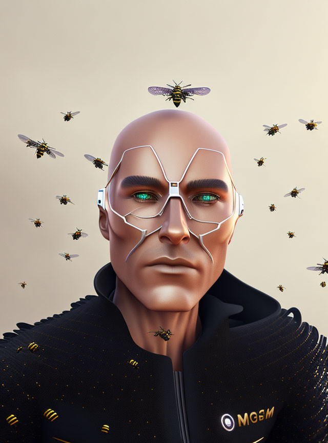 Bald Figure with Futuristic Sunglasses and Bees on Beige Background