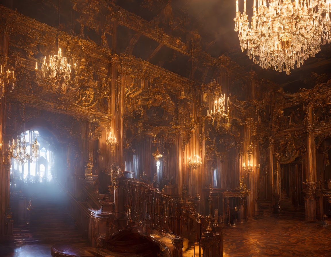 Luxurious golden room with chandeliers and intricate wood carvings