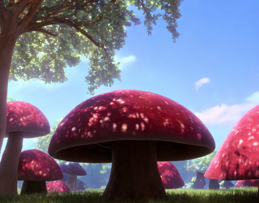 Whimsical landscape with oversized red-capped mushrooms under lush green tree