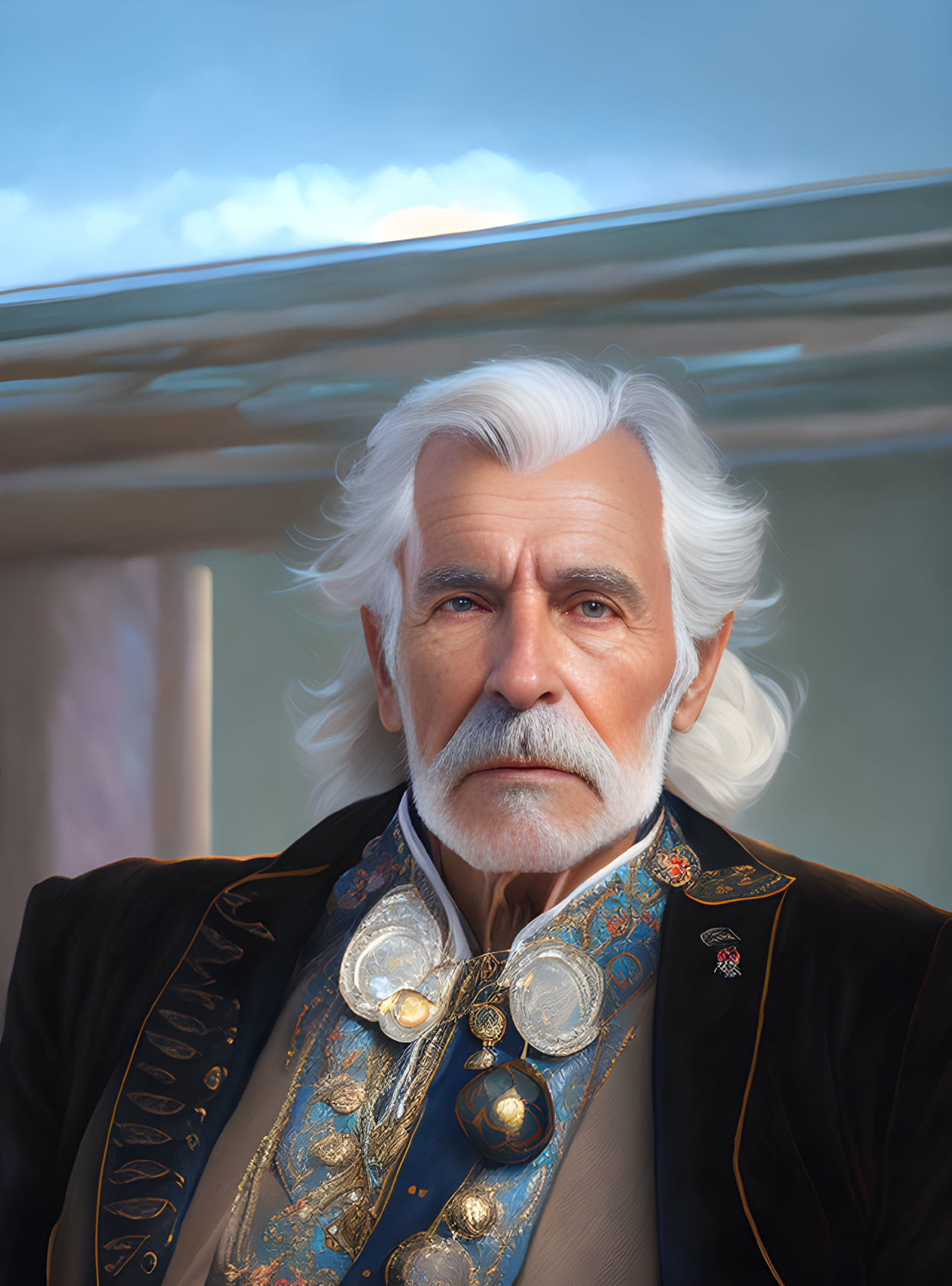 Elder Man in Regal Uniform with White Hair and Beard Against Soft Sky