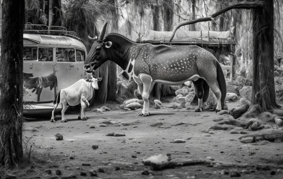 Grayscale surreal scene: small goat meets giant, fantastical ox-like creature by vintage bus in wooded