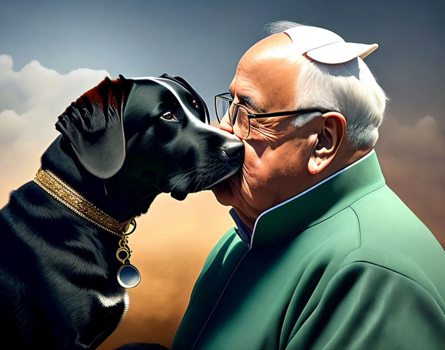 Black dog with gold collar kisses elderly man with devil horns and halo