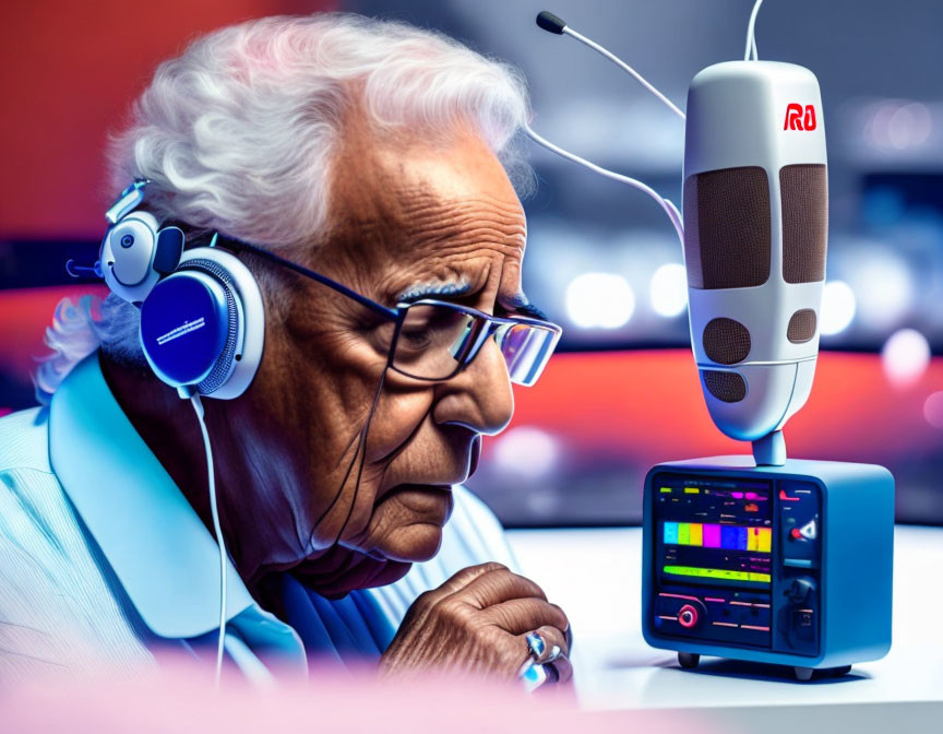 Elderly person with gray hair and glasses listening to colorful sound levels on audio equipment