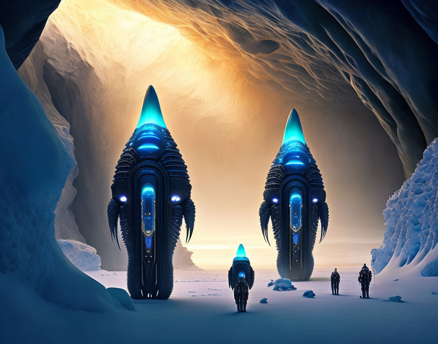 Explorers in front of glowing alien structures in icy cave