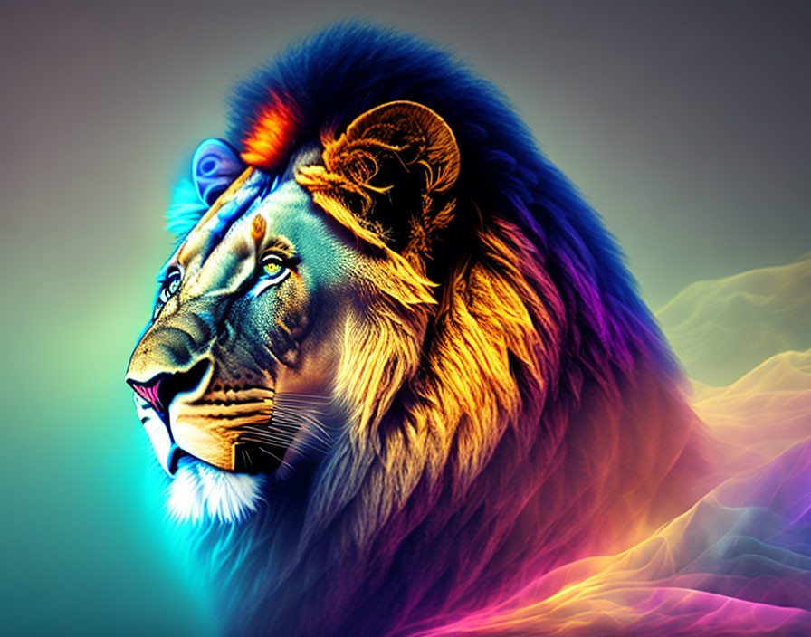 Colorful neon lion digital artwork with abstract background.