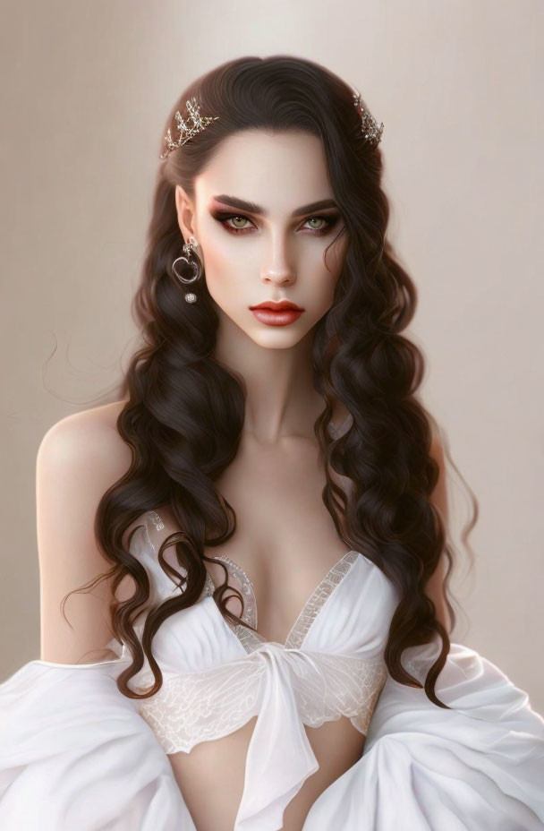 Woman with Striking Makeup and Crown in White Dress