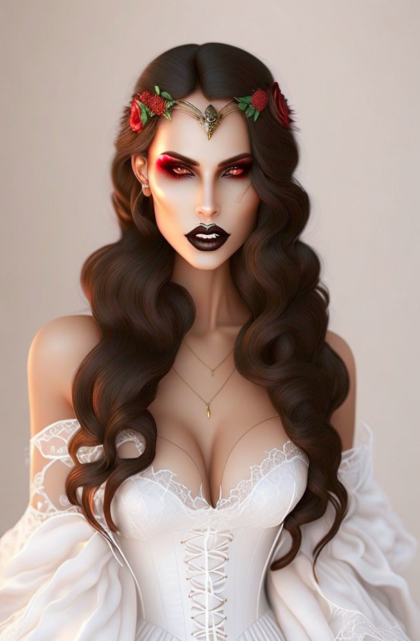 Digital artwork: Woman with dark flowing hair, floral crown, dramatic makeup, white lace dress