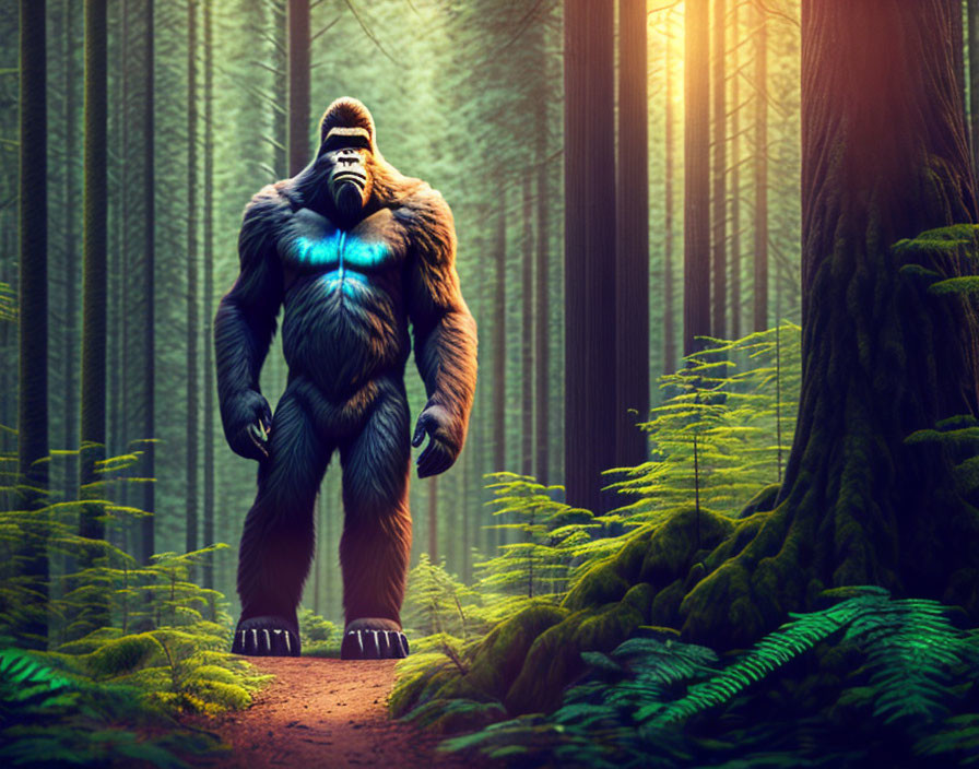 Muscular gorilla in sunlit forest with tall trees and green ferns