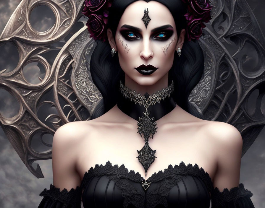 Gothic woman with dark makeup and roses in hair against mystical backdrop