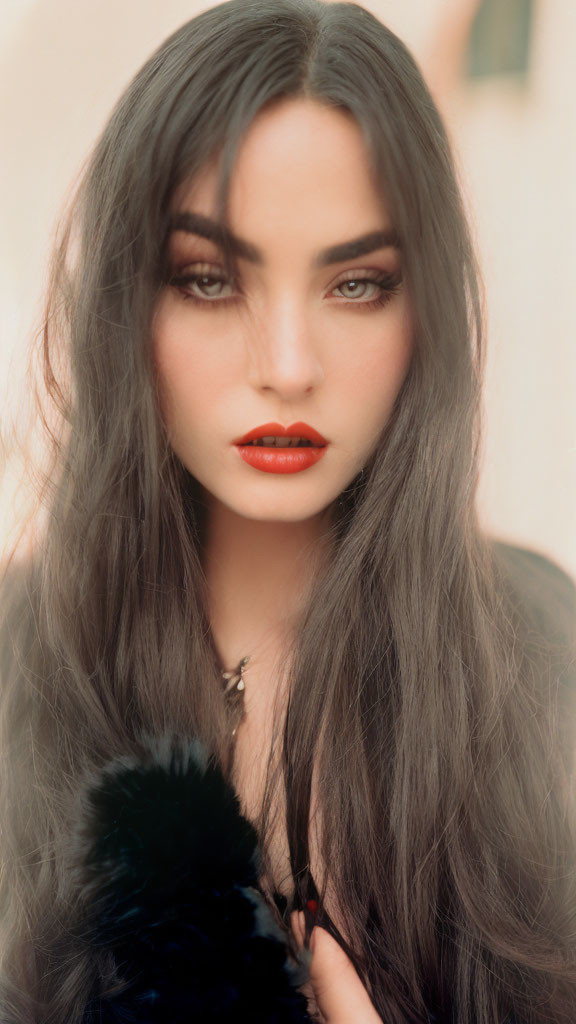 Portrait of woman with long dark hair, red lips, and intense gaze on blurred background