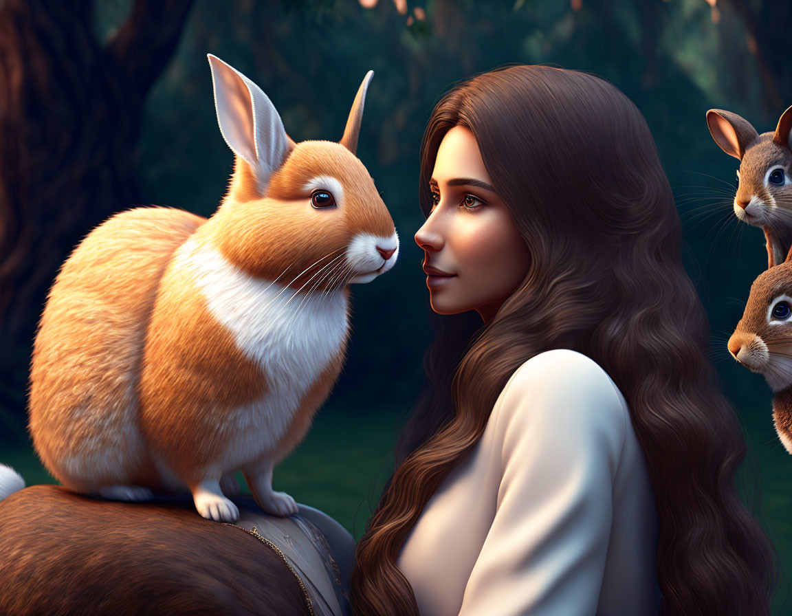 Woman with Long Hair Interacts with Oversized Rabbits in Mystical Forest