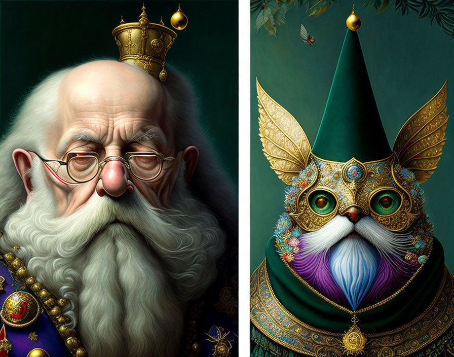 Regal bearded man and crown-wearing cat portraits with fairytale aura