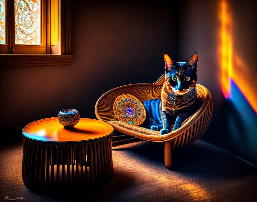 Cat lounges in wicker chair by colorful bowl and stained glass window