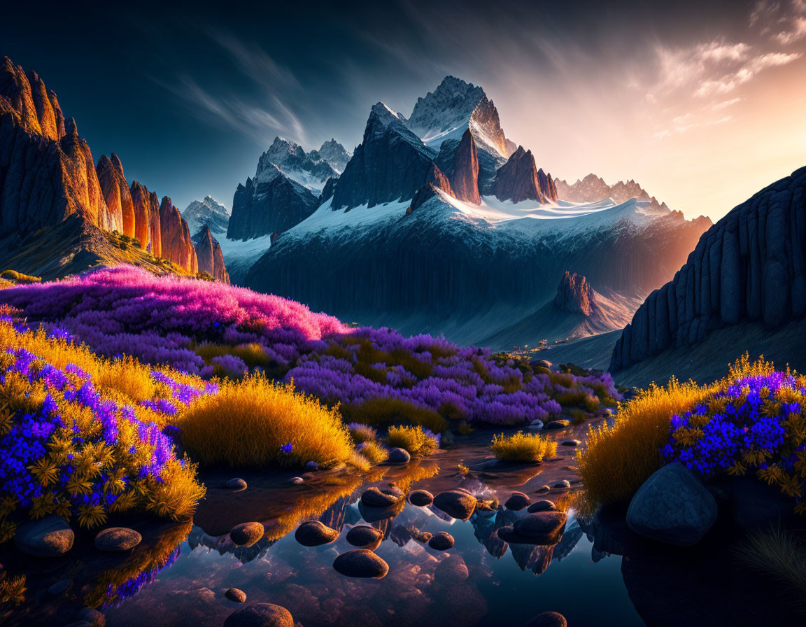 Majestic mountains, serene river, vibrant wildflowers: a stunning landscape at sunset