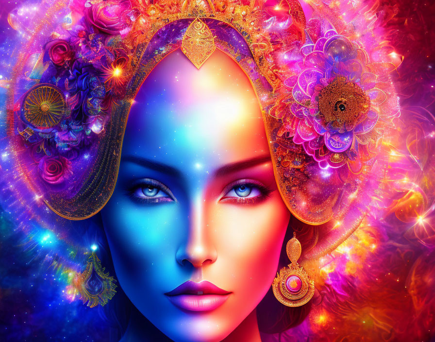 Vibrant digital artwork of woman with neon blue and purple skin in cosmic floral setting