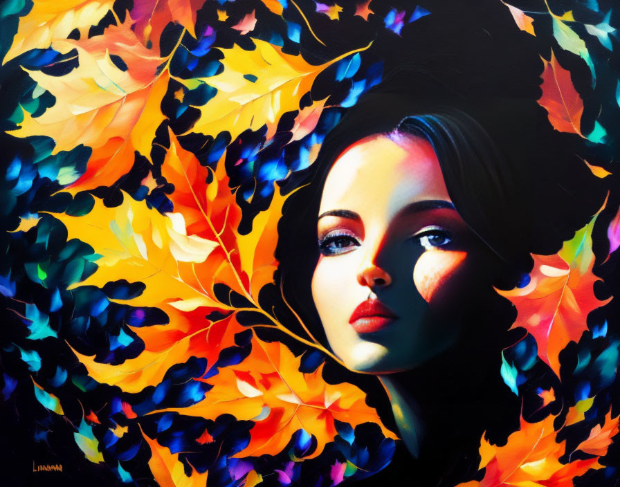 Colorful painting of woman with stylized leaves and strong light contrast