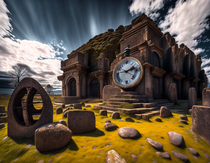 Surreal landscape with classical building and dynamic sky