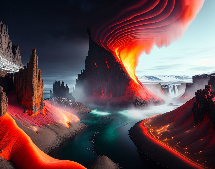 Erupting volcano in surreal landscape with lava and waterfalls