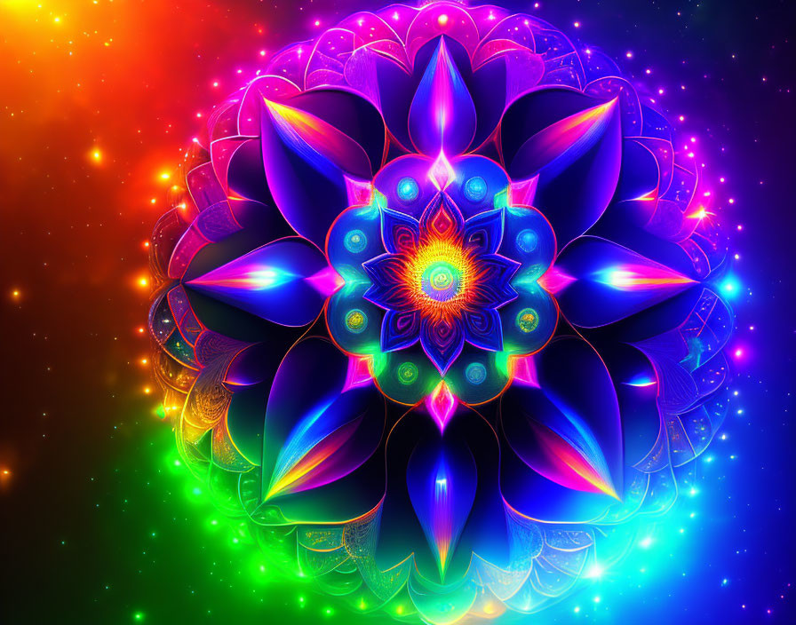 Colorful Neon Mandala Artwork with Lotus Design on Starry Background