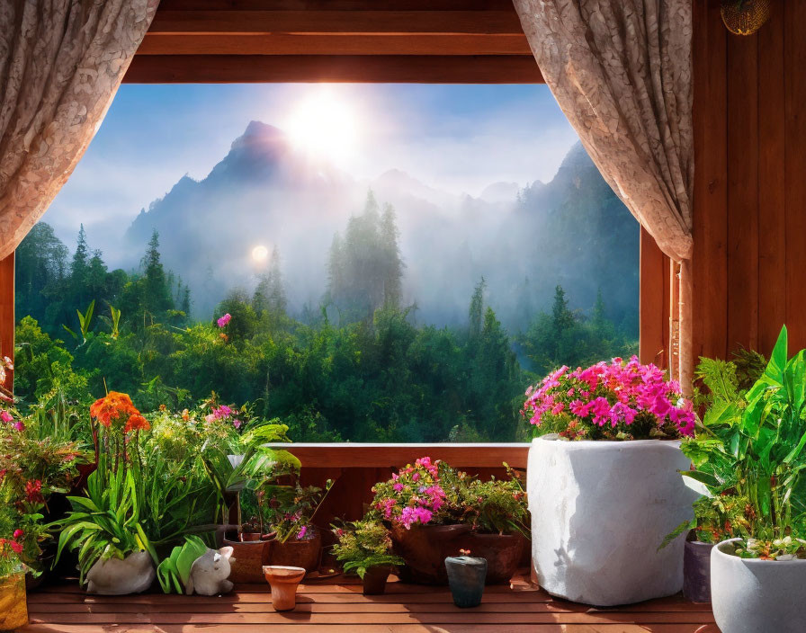 Scenic mountain view from wooden balcony at sunrise