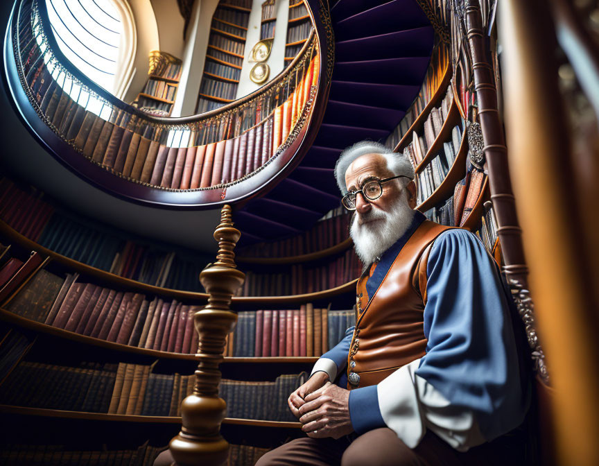 Elderly man with beard and glasses sitting on staircase surrounded by books