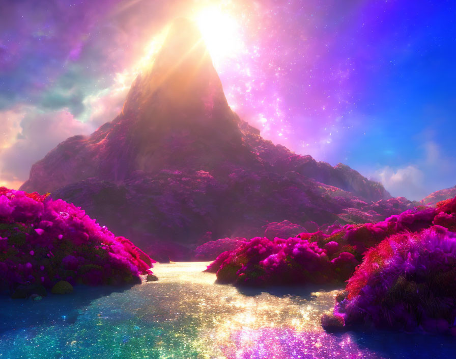 Vibrant fantasy landscape with glowing sun, mountain peak, and pink foliage